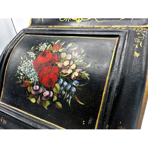 645 - Good 19th century Pontypool Jappaned toleware coal scuttle the hinged lid and sides hand painted wit... 