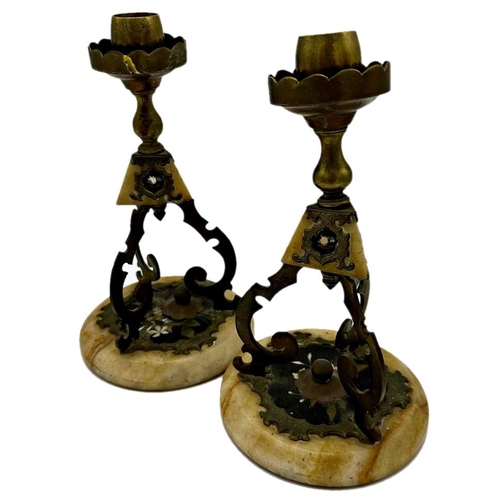 638 - Unusual pair of 19th century brass, alabaster and pietra dura candlesticks, 25cm high (AF)