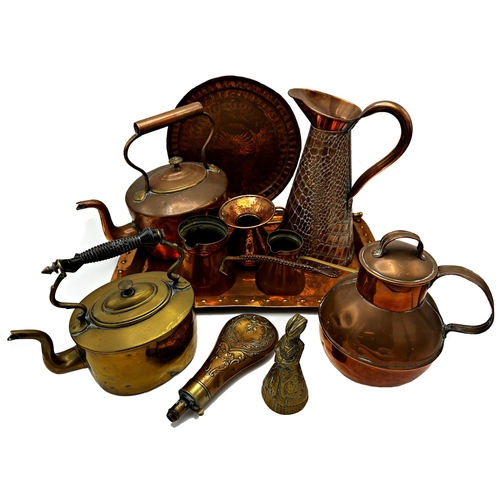 641 - Collection of copperware to include an Arts and Crafts tray with studded border, two kettles, a powd... 