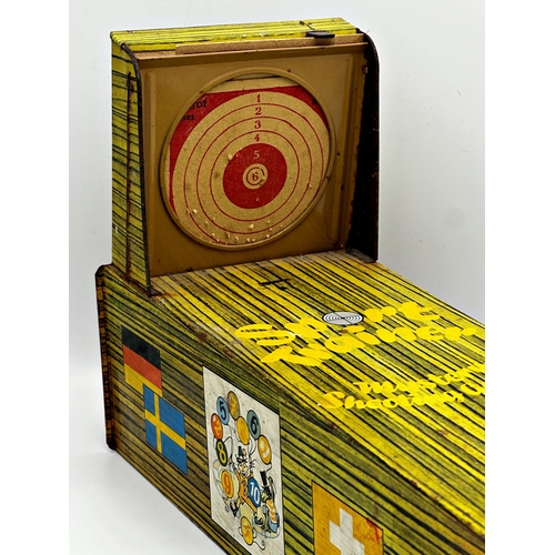 718 - Sport Trainer Mystery Shooting Gallery tin plate shooting game, 81cm long