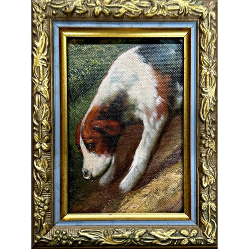 1538 - G* Roy (British school) - 'The Scent', signed and titled verso, oil on board, 12 x 7.5cm, framed