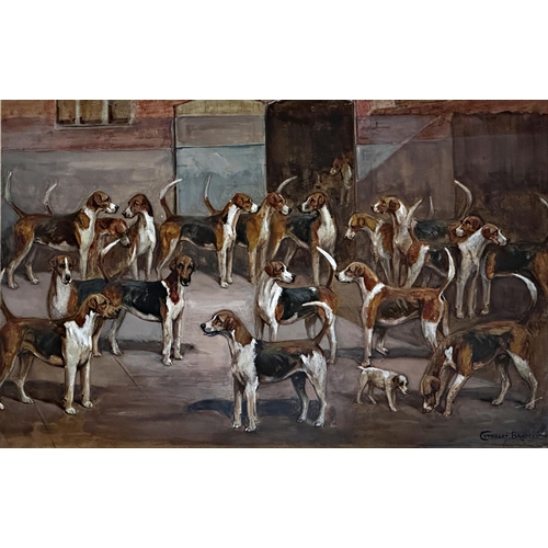 1543 - Cuthbert Bradley (1861-1943) - Foxhounds in their kennel, signed, watercolour and gouache, 22 x 35cm... 