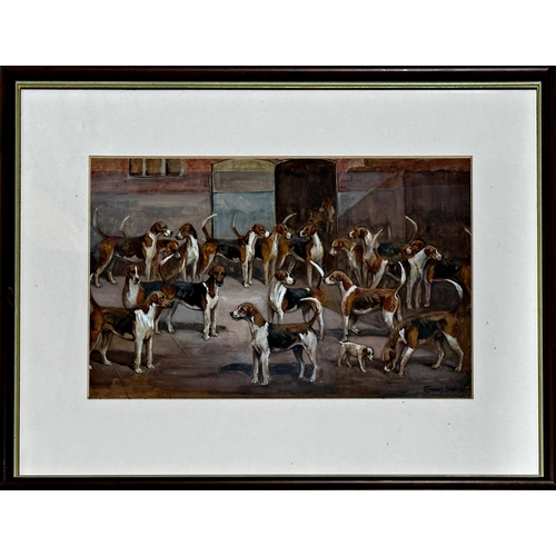 1543 - Cuthbert Bradley (1861-1943) - Foxhounds in their kennel, signed, watercolour and gouache, 22 x 35cm... 