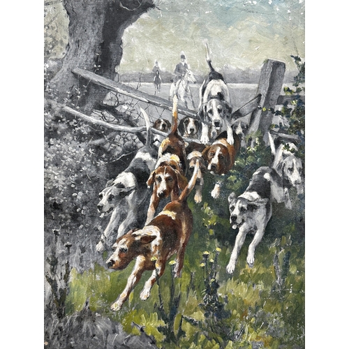 1546 - George Wright (1860-1942) - Hunt scene with foxhounds leading riders through a fence, signed and mon... 