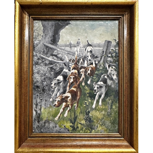 1546 - George Wright (1860-1942) - Hunt scene with foxhounds leading riders through a fence, signed and mon... 