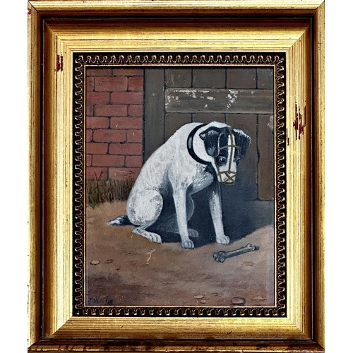 1555 - Early 20th century school - portrait of a bridled terrier dog looking at a bone, monogrammed JWM and... 