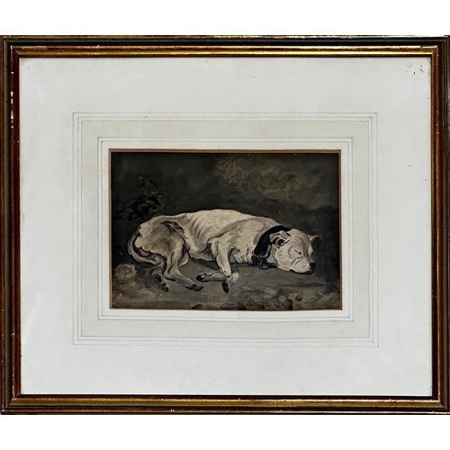 1557 - Late 18th/early 19th century school - sleeping hound, watercolour, 12.5 x 17.5cm, framed