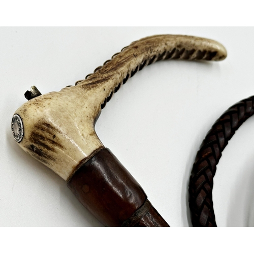 743 - Antique horn handled leather whip by Maxwell of London