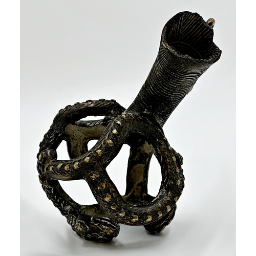 510 - Unusual tribal bronze sceptre or staff mount, in the form of coiled snakes, 14cm long