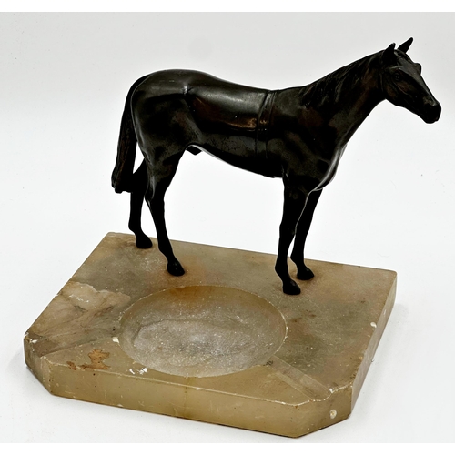 607 - Good bronze model of a standing horse mounted to an onyx ashtray, 21cm high x 20cm wide