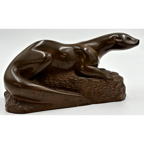 610 - Richard Fisher bronzed cold cast resin study of an otter, 14 x 25cm