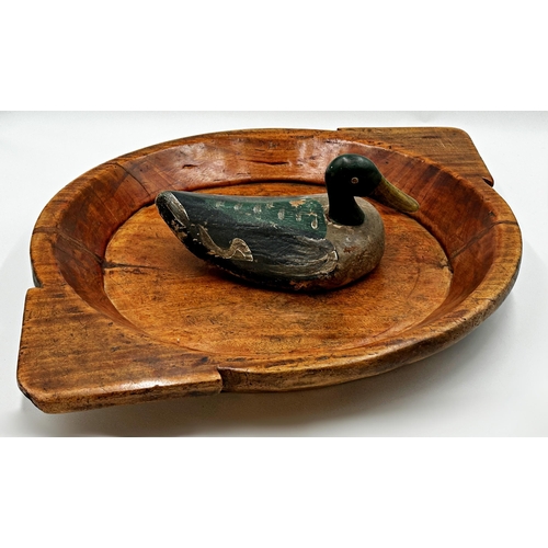 567 - Antique treen decoy duck with original painted finish, 28cm long with a further large eastern teak t... 