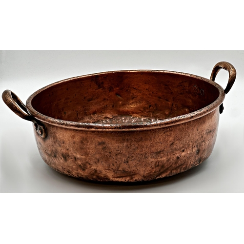 614 - Good large antique copper jam pan with twin copper handles, 51.5cm diameter