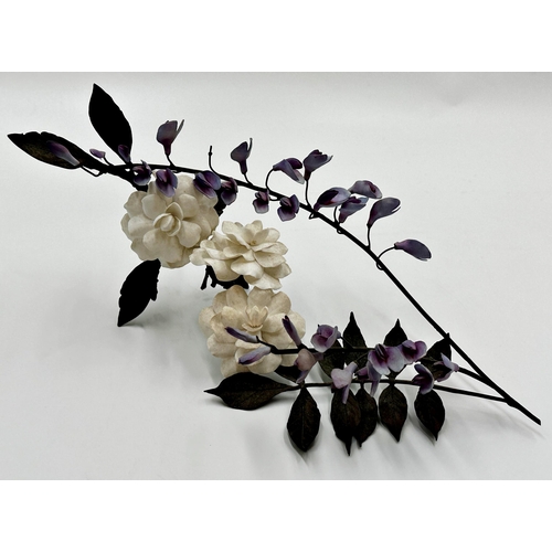 418 - Boehm bisque porcelain floral spray, with metal leaves and stem, 35cm long