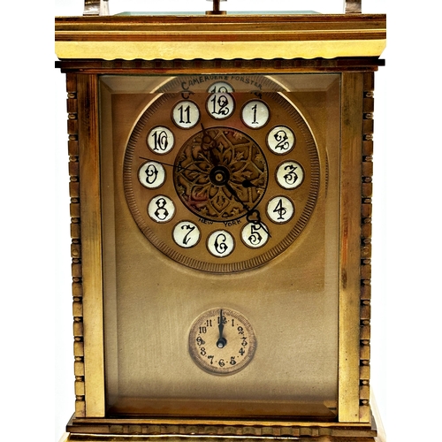 59 - Good repeater carriage clock retailed by Cameron & Forster of New York, gilt face with enamel caboch... 