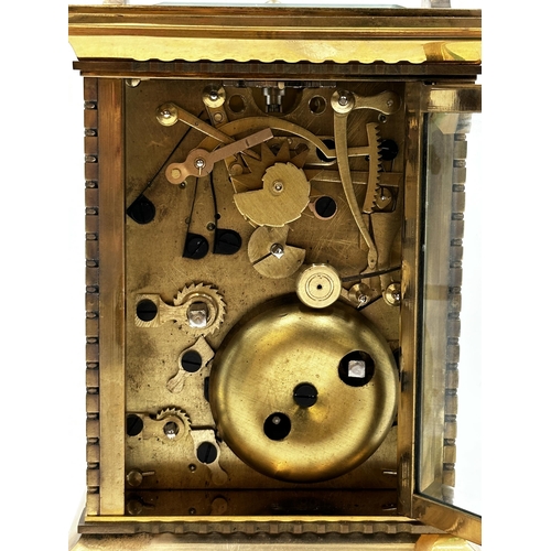 59 - Good repeater carriage clock retailed by Cameron & Forster of New York, gilt face with enamel caboch... 