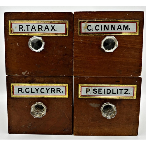 733 - Four mahogany apothecary drawers labelled with various names