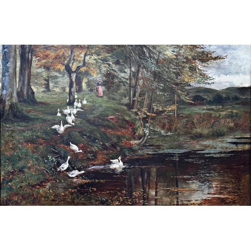 1547 - James Ireland (act.1979-1928) - Driving geese to Water, signed and dated 1880, oil on canvas, 40 x 6... 