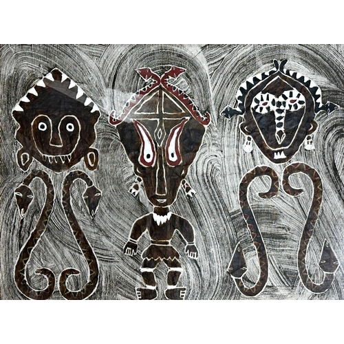 525 - 20th century Aboriginal school - Three figures and serpents, work on unusual paper, 68 x 98cm, frame... 