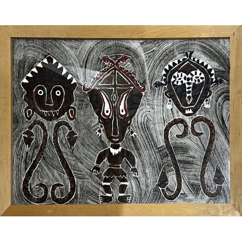 525 - 20th century Aboriginal school - Three figures and serpents, work on unusual paper, 68 x 98cm, frame... 