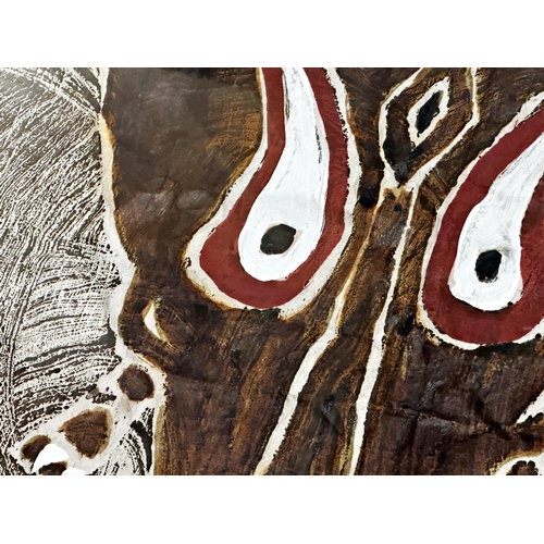 525 - 20th century Aboriginal school - Three figures and serpents, work on unusual paper, 68 x 98cm, frame... 