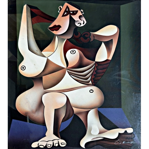 1287 - After Pablo Picasso - 'Woman styling her hair', indistinctly signed, acrylic on canvas, 61 x 49cm, f... 