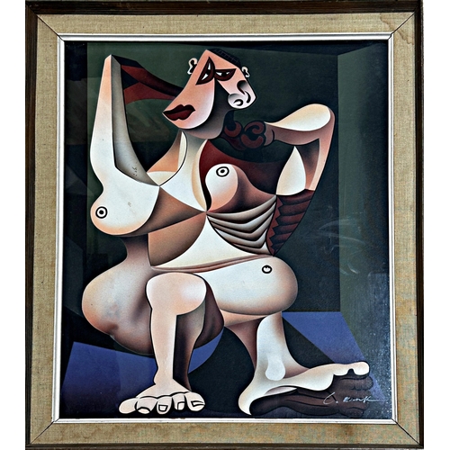 1287 - After Pablo Picasso - 'Woman styling her hair', indistinctly signed, acrylic on canvas, 61 x 49cm, f... 