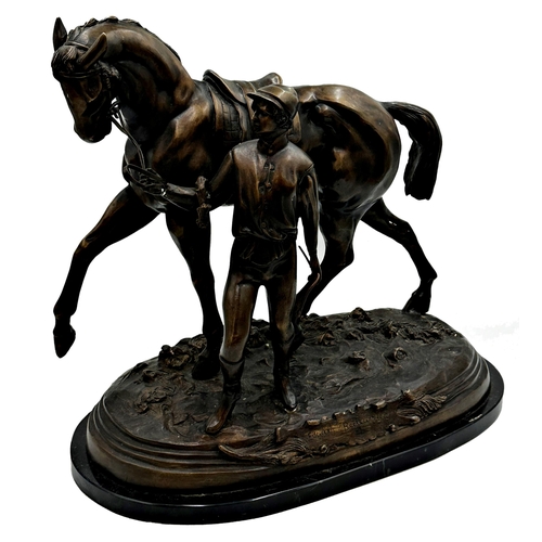 602 - Large bronze character group of horse and Jockey inscribed Edgar B* dated 1972, upon a black marble ... 