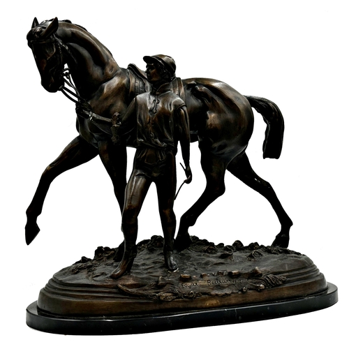 602 - Large bronze character group of horse and Jockey inscribed Edgar B* dated 1972, upon a black marble ... 