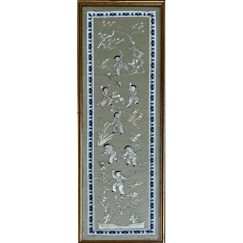 530 - Chinese silk work panel of children playing and rowing dragon boats, 57 x 25cm, framed, with a furth... 