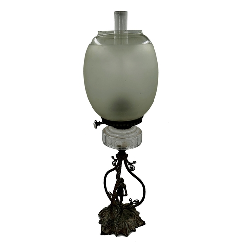 1171 - Antique figural oil lamp, the large opaque glass shade over a faceted reservoir and cast metal base ... 