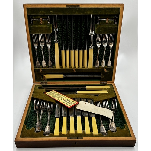 343 - Complete vintage case of silver plated cutlery to include table and desert size forks and bone handl... 