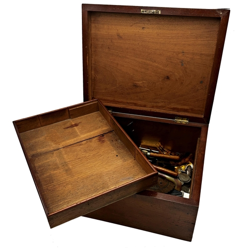 388 - 19th century mahogany casket full of interesting items, to include coins, jewellery etc (a rummagers... 