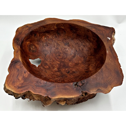 565 - Good hollowed olive wood fruit bowl with naturalistic exterior, 38cm wide