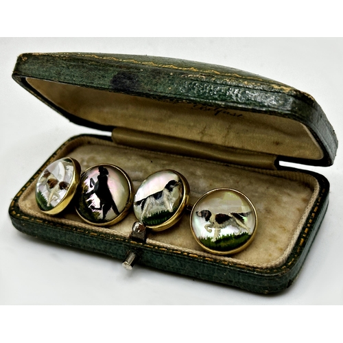 105 - Good quality pair of 14k Essex crystal intaglio cufflinks, set with gun dogs, 12.3g