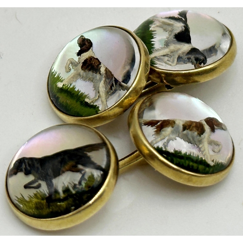 105 - Good quality pair of 14k Essex crystal intaglio cufflinks, set with gun dogs, 12.3g