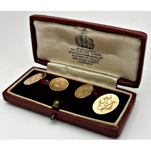 107 - Cased pair of 9ct cufflinks, engraved with Bydand crest, 7.4g in an Asprey box