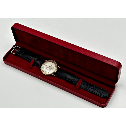 1 - Vintage 18ct Omega Automatic gents watch, 38mm case, champagne dial with gilt hand and numerals, sub... 