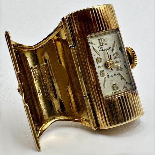 110 - Good Vintage 18k novelty Praesent 17 jewels watch ring, hinged door enclosing a square dial with gil... 