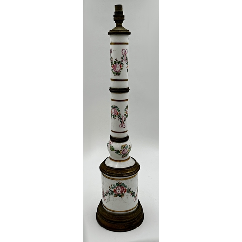 1175 - Good 19th century sevres style porcelain table lamp of stepped circular form, with hand painted flor... 