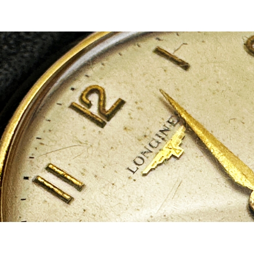 13 - Vintage 9ct Longines gents dress watch, 35mm case, champagne dial with gilt Arabic numerals and subs... 