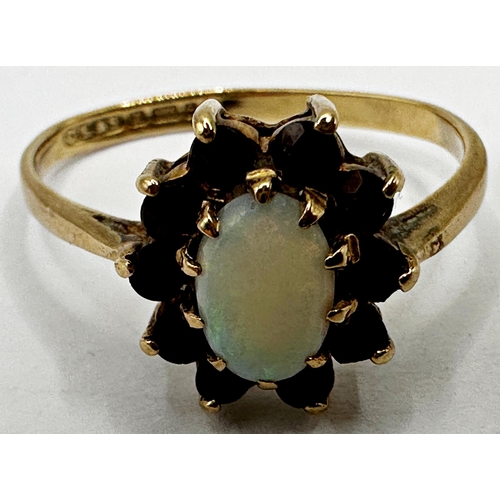 165 - 9ct opal and garnet cluster ring, size O, 2.2g