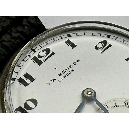 26 - Good quality J.W Benson silver trench watch, 31mm case, enamel dial with Arabic numerals and subsidi... 