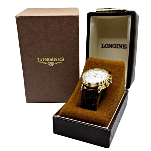 18 - Vintage 18ct Longines chronograph, 35mm case, white dial with gilt hands and markers, two subsidiary... 