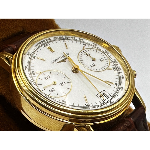 18 - Vintage 18ct Longines chronograph, 35mm case, white dial with gilt hands and markers, two subsidiary... 