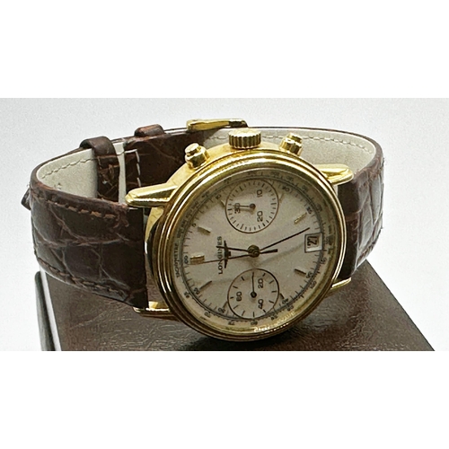 18 - Vintage 18ct Longines chronograph, 35mm case, white dial with gilt hands and markers, two subsidiary... 