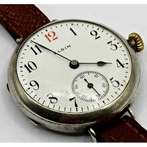 21 - WWI silver Elgin trench watch, 32mm case, enamel dial with red number 12 and subsidiary second dial,... 