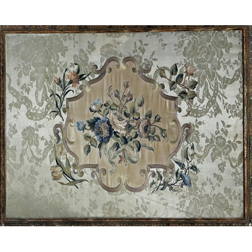 1567 - Good quality late 19th century framed and glazed silkwork panel with central entwined floral bouquet... 