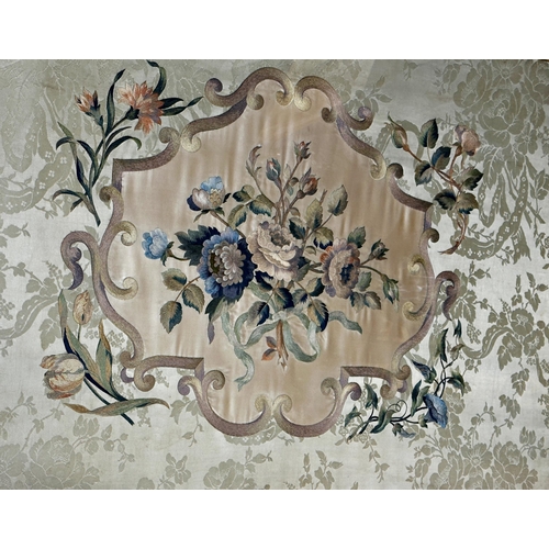 1567 - Good quality late 19th century framed and glazed silkwork panel with central entwined floral bouquet... 