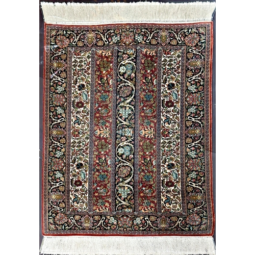 1568 - Fine quality probably Indian silk small rug or prayer mat decorated with vertical panels of scrolled... 